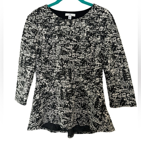 H by Halston Black and White 3/4 Sleeve Flared Ruffled Waist Blouse Size S - Picture 1 of 15